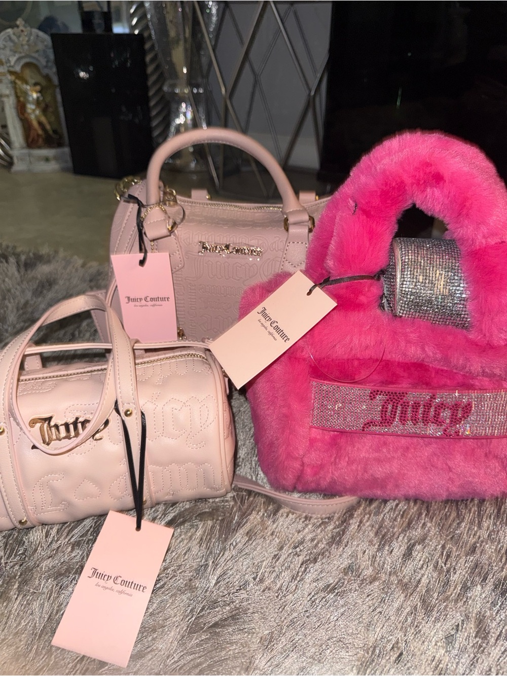 Juicy Couture Pink Plush Mini Bag Trio with Crystal Accent